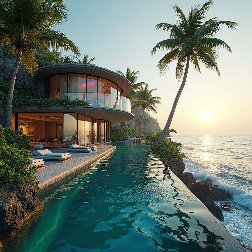 Modern Luxury Oasis with Infinity Pool and Water Slides