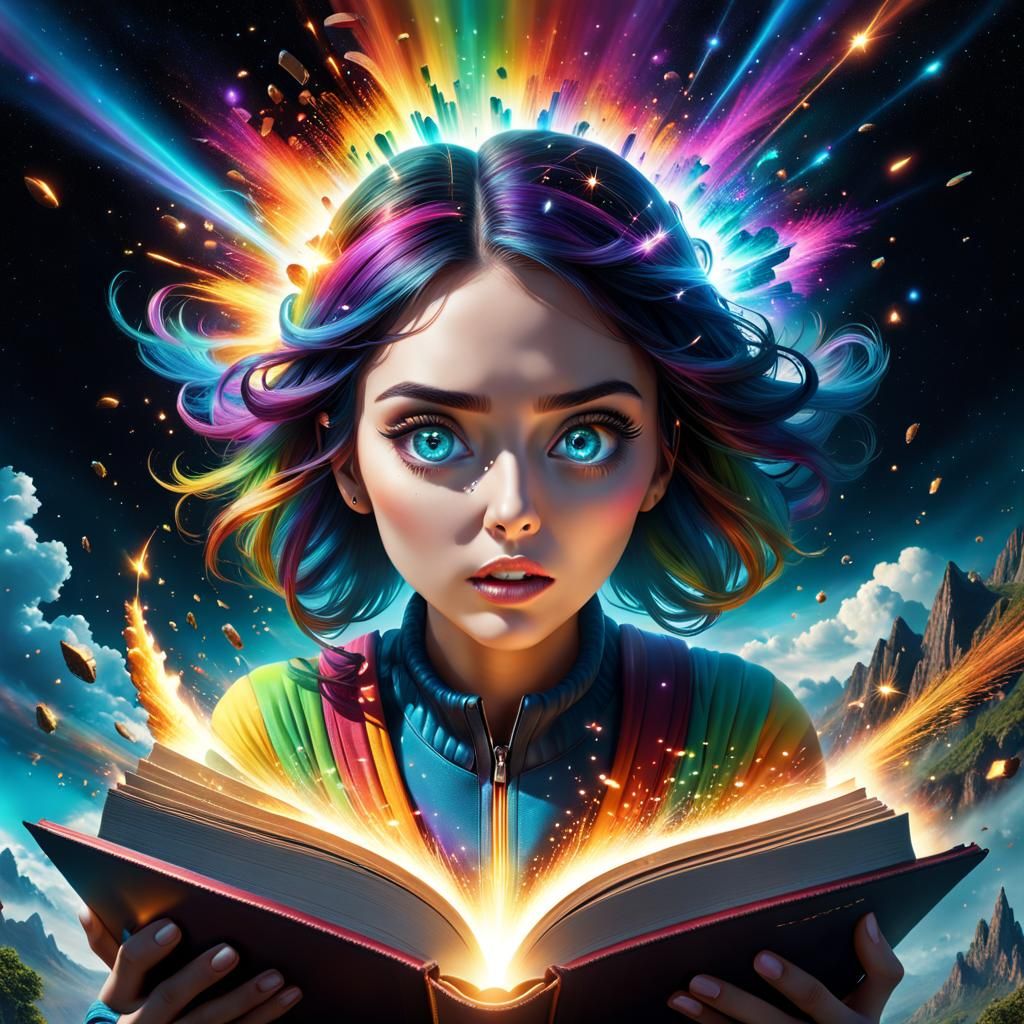 Girl Reading Exploding Book with Bioluminescence