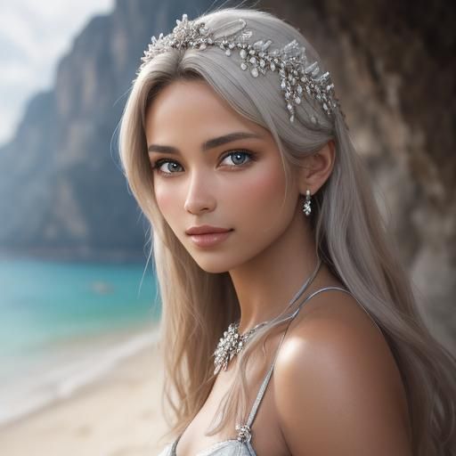 Sensual Brunette in White Bikini, Hyperrealistic Style