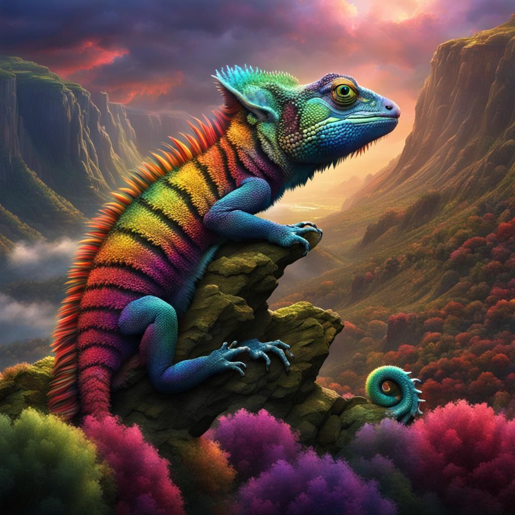 Chameleon Observes Rainbow Caterpillar: Digital Matte Painti...