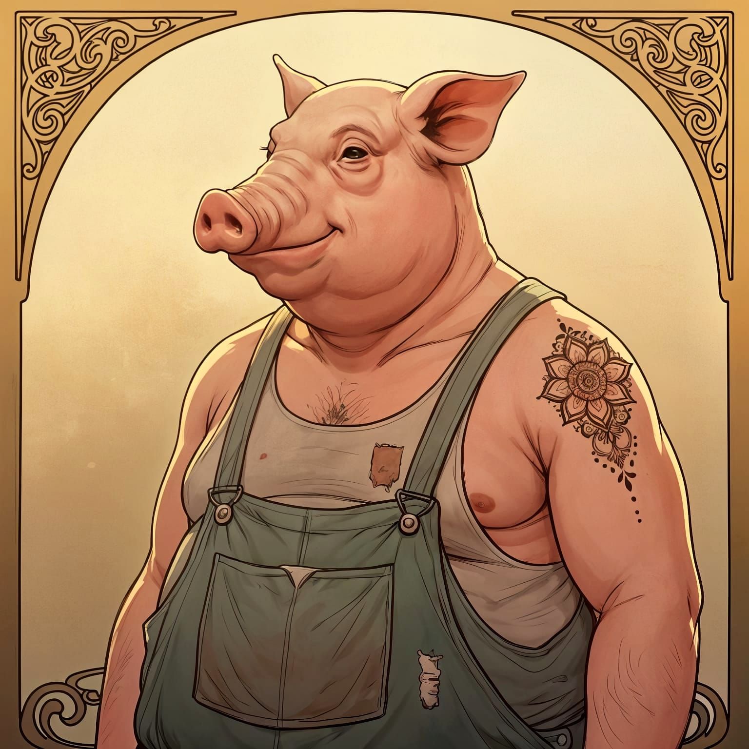 Man with Pig Head and Henna Flower, Art Nouveau