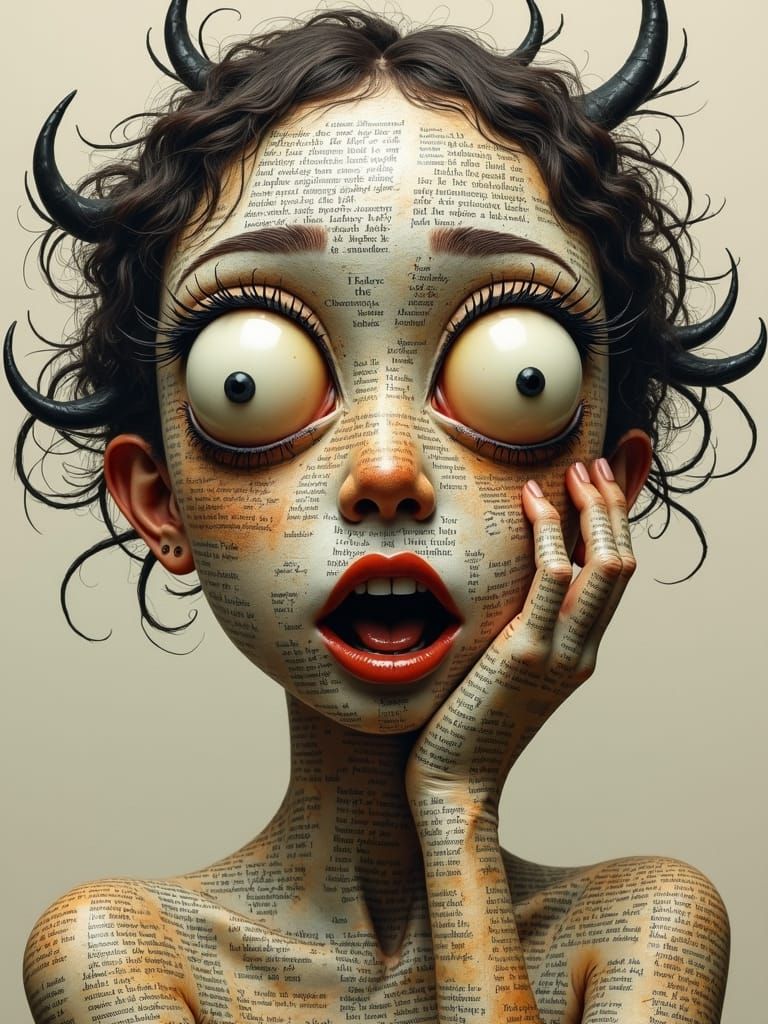 Whimsical Newspaper Woman with Text Swirls