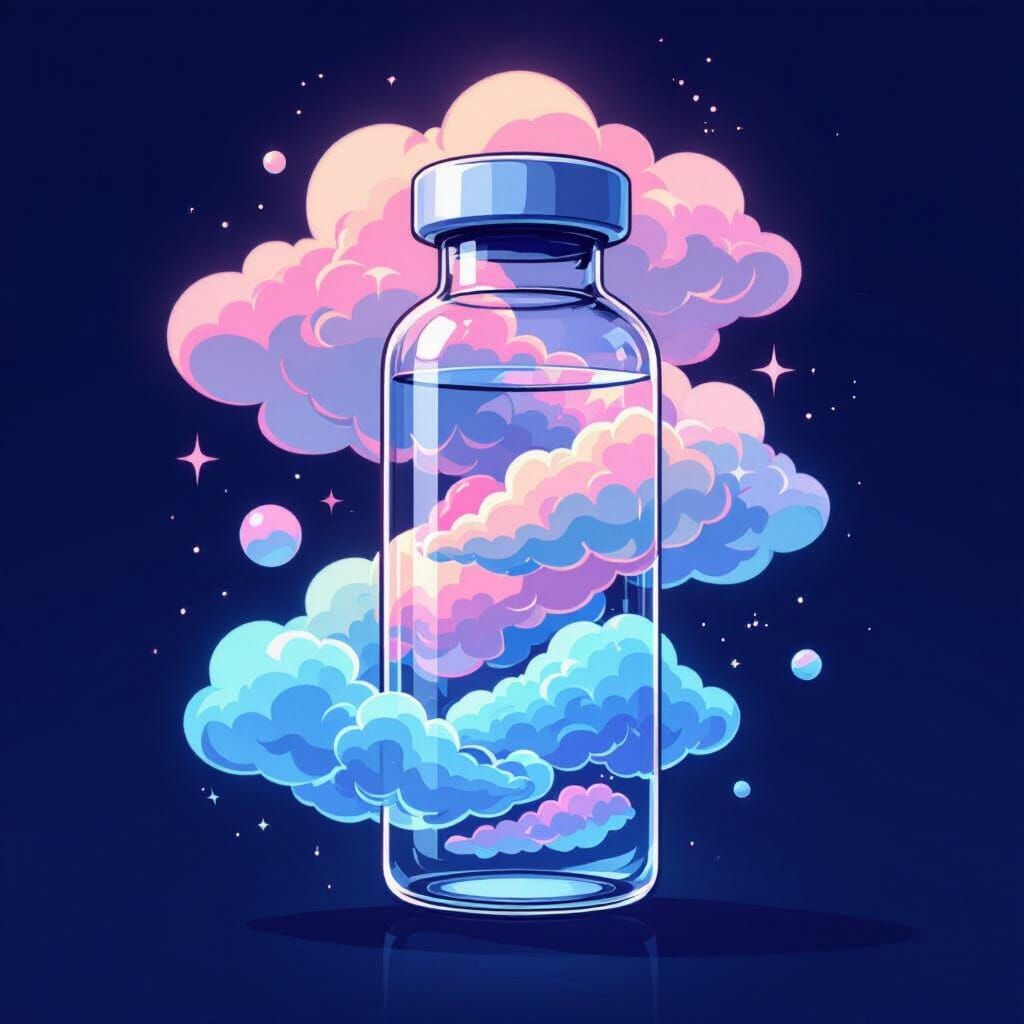 Anime Vaccine Vial with Ethereal Clouds in Pastel Shades
