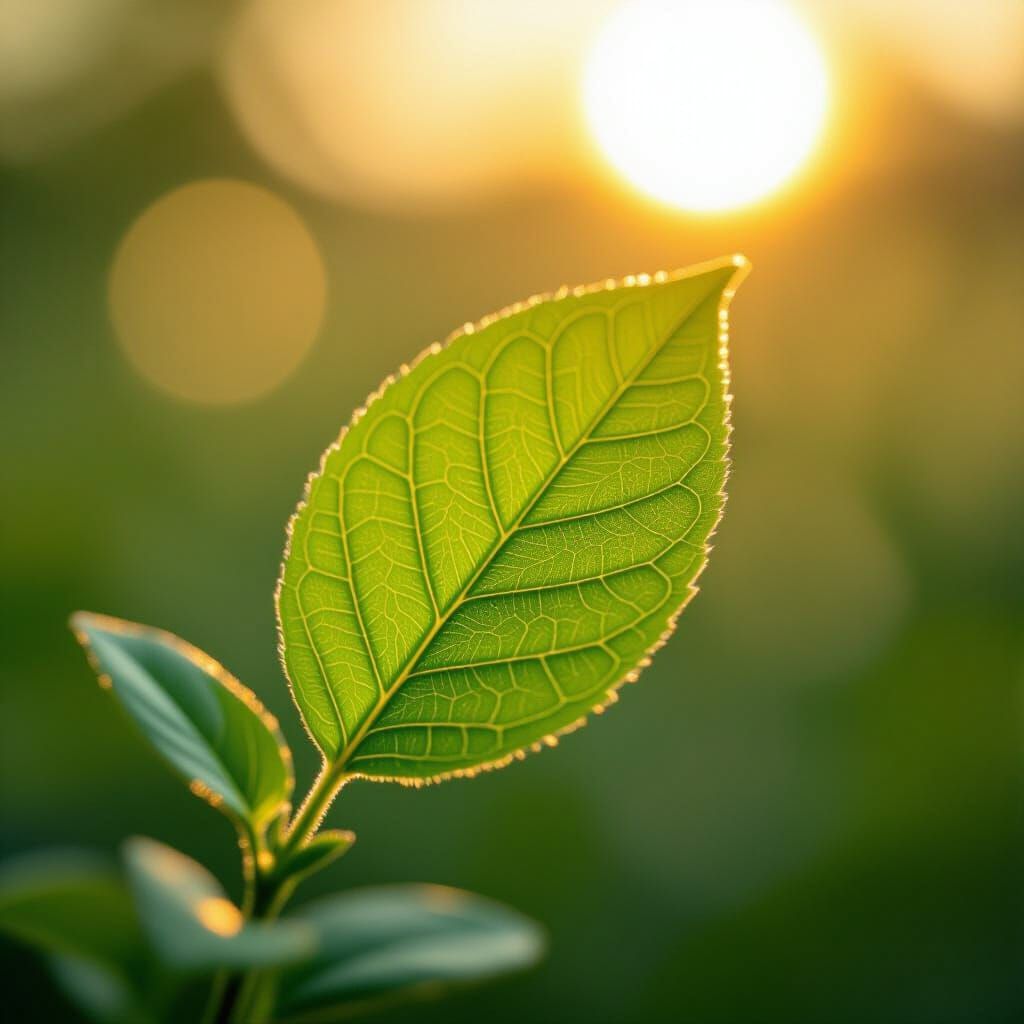 Golden Hour Sunlight on Delicate Green Leaf with Bokeh