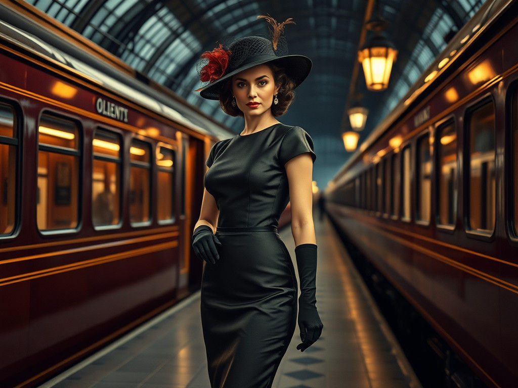 Elegant 1950s Woman at Train Station in Film Noir Style