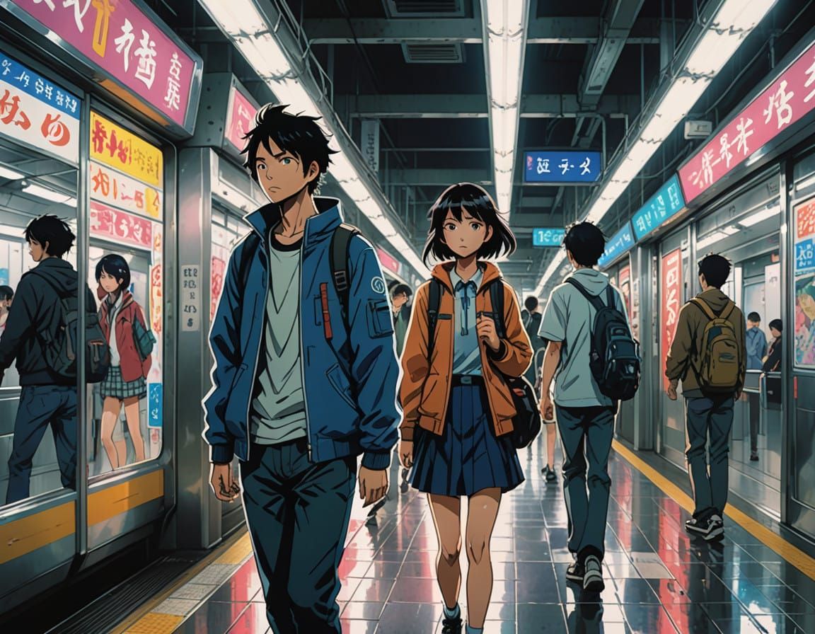 Anime Tokyo Metro Scene with Teenagers and Neon Lights