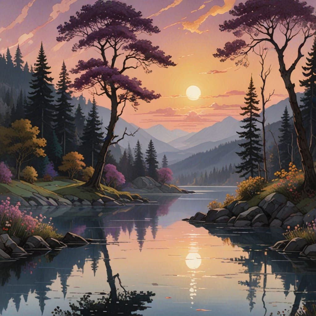 Whimsical Fantasy Wonderland with Serene Lake and Vibrant Fl...