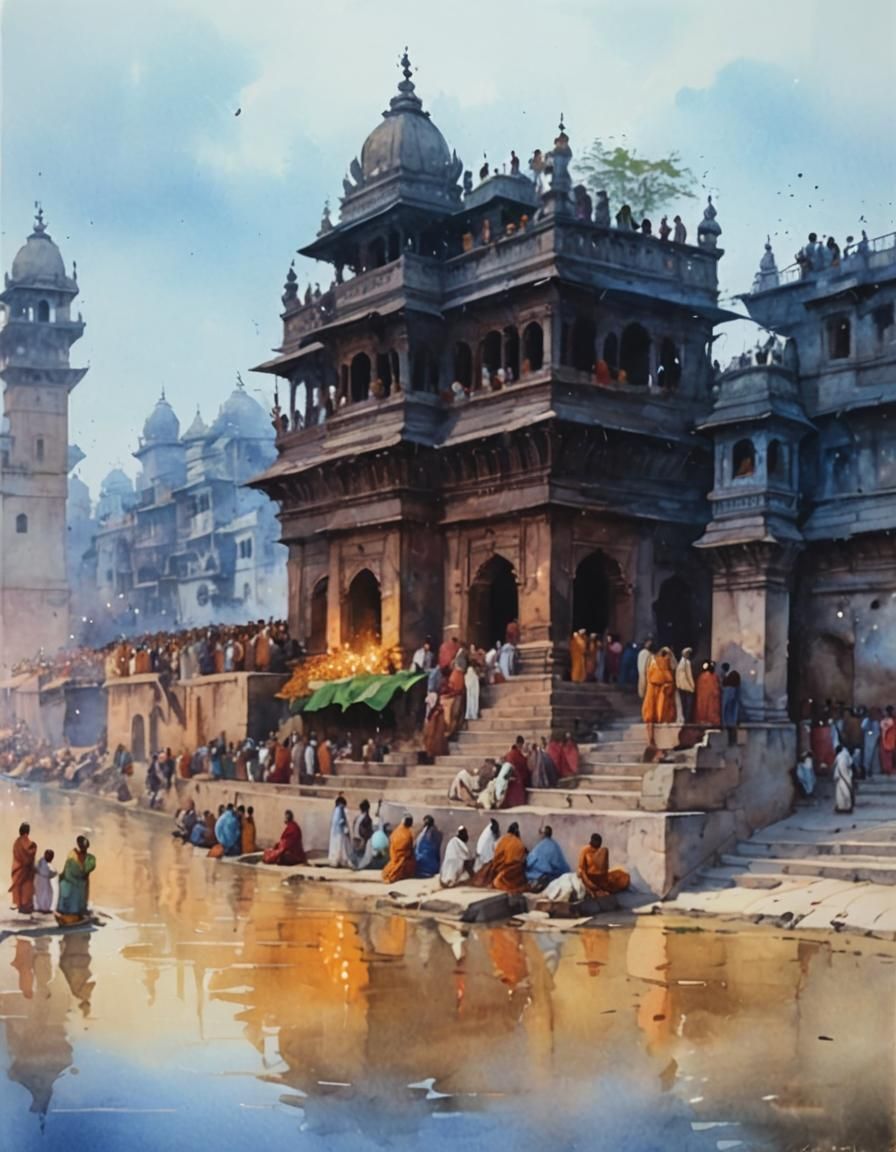 Banaras Ghat Watercolor Painting in Impressionist Style