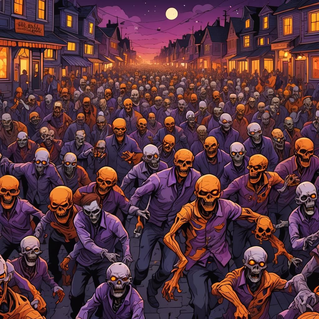 Vibrant Zombie Horde Crossing Street: Fractal Vector Art