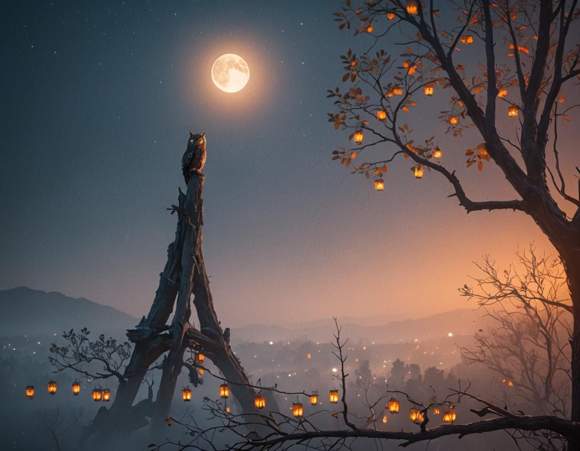 Owl Perched at Dusk: A Matte Painting