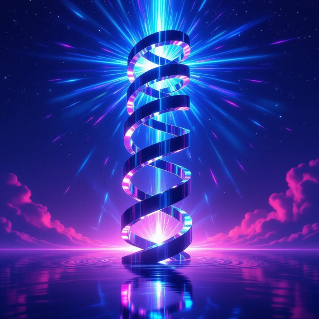 Surreal Chrome Helix Ascends in Neon Cosmic Horizon