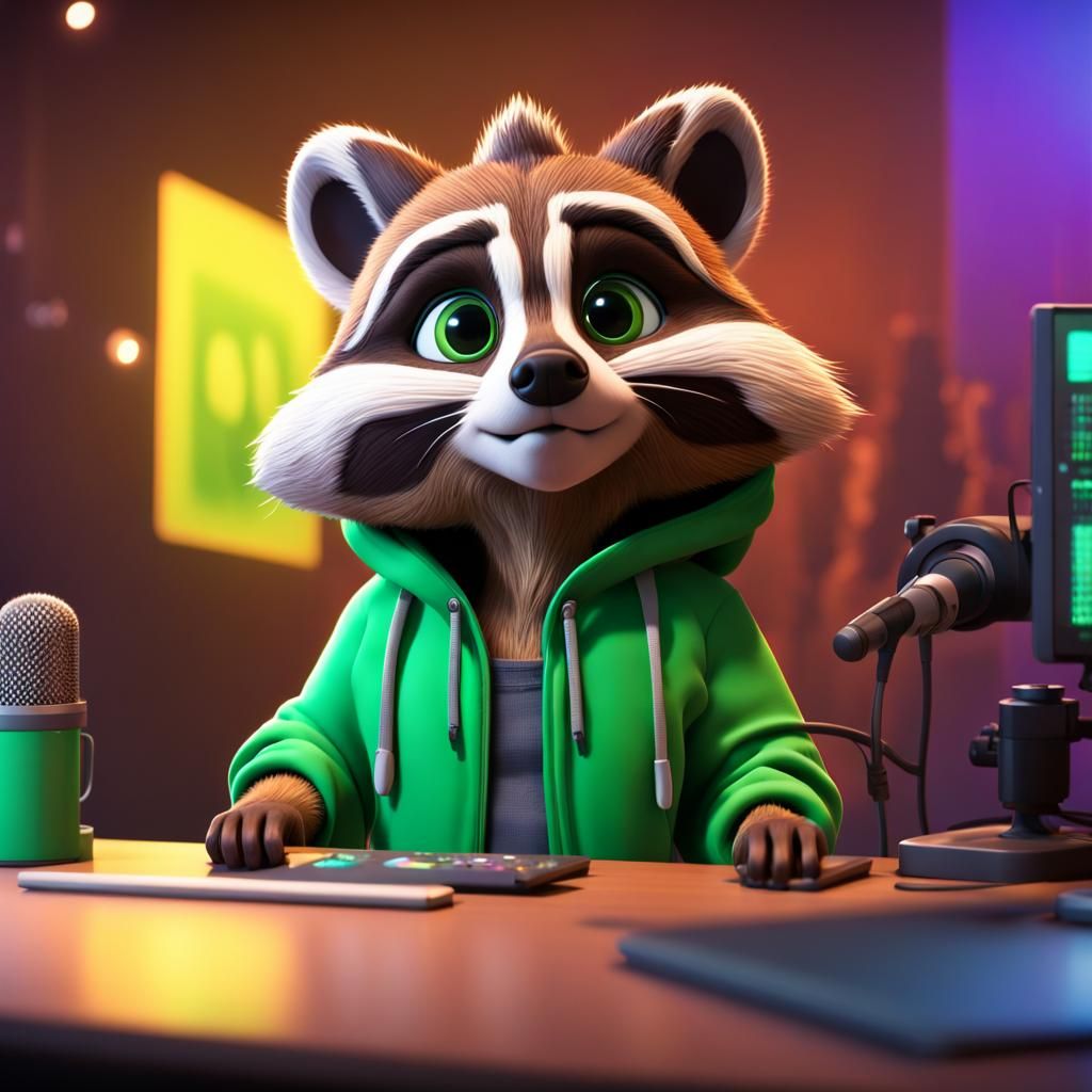 Raccoon Podcaster in Green Hoodie: Pixar-Style 3D Art