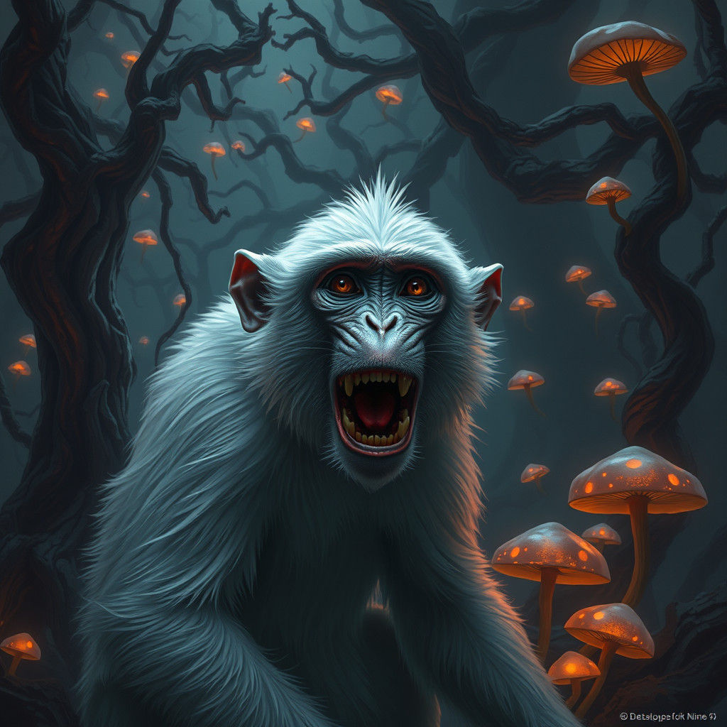 Terrified White Monkey in a Beksiński-Inspired Landscape