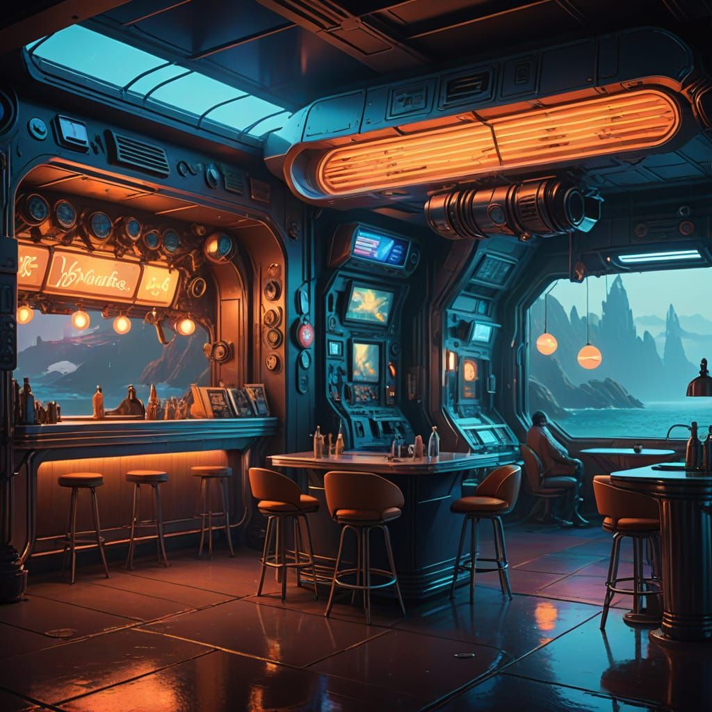 Golden Hour Mermaid Dive Bar in Retro Futuristic Style