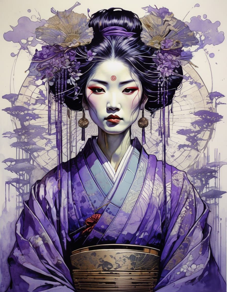 Japanese Geisha Portrait in Vibrant Purple
