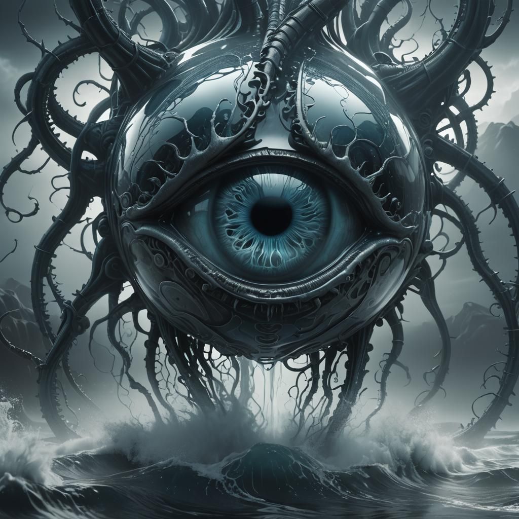 Eerie Biomechanical Eye in Glass 'A' Shape