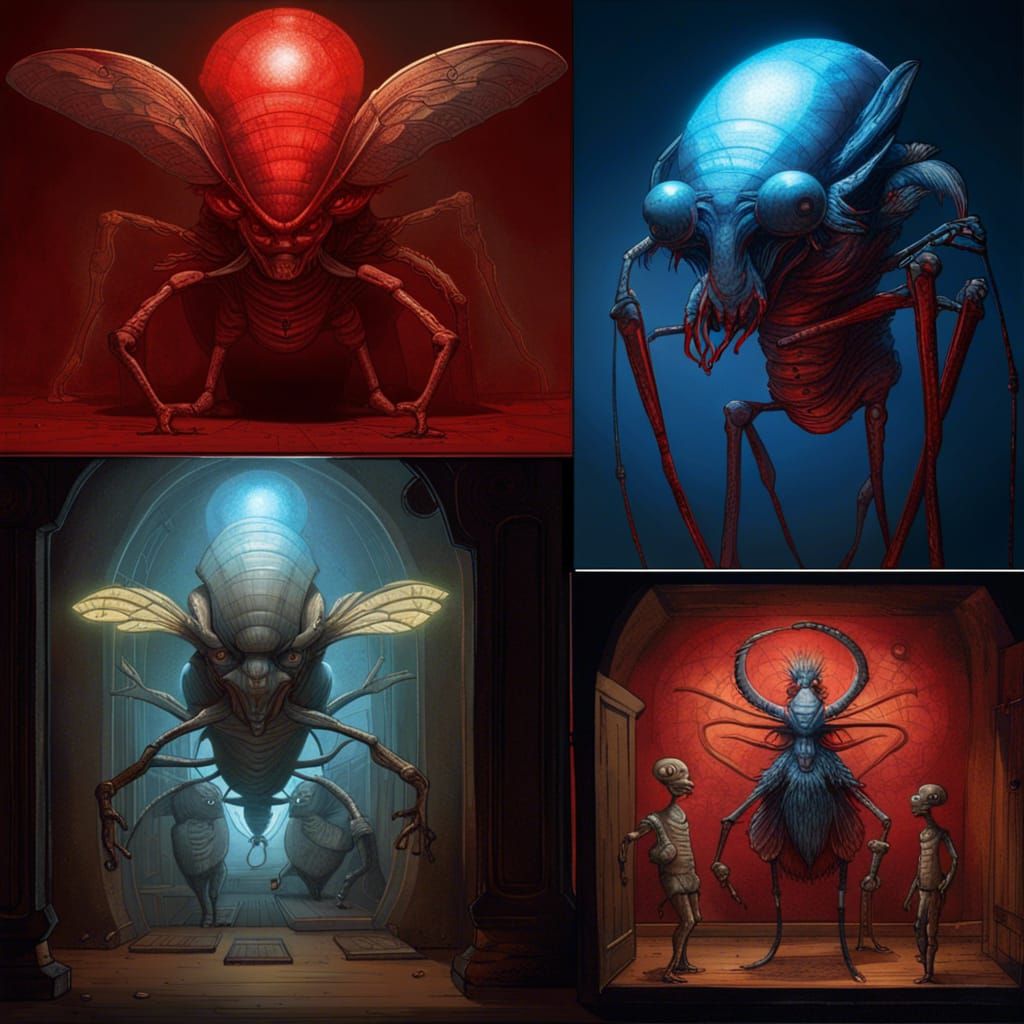 Creepy Insectoid Aliens in Horror Museum, 3D Art