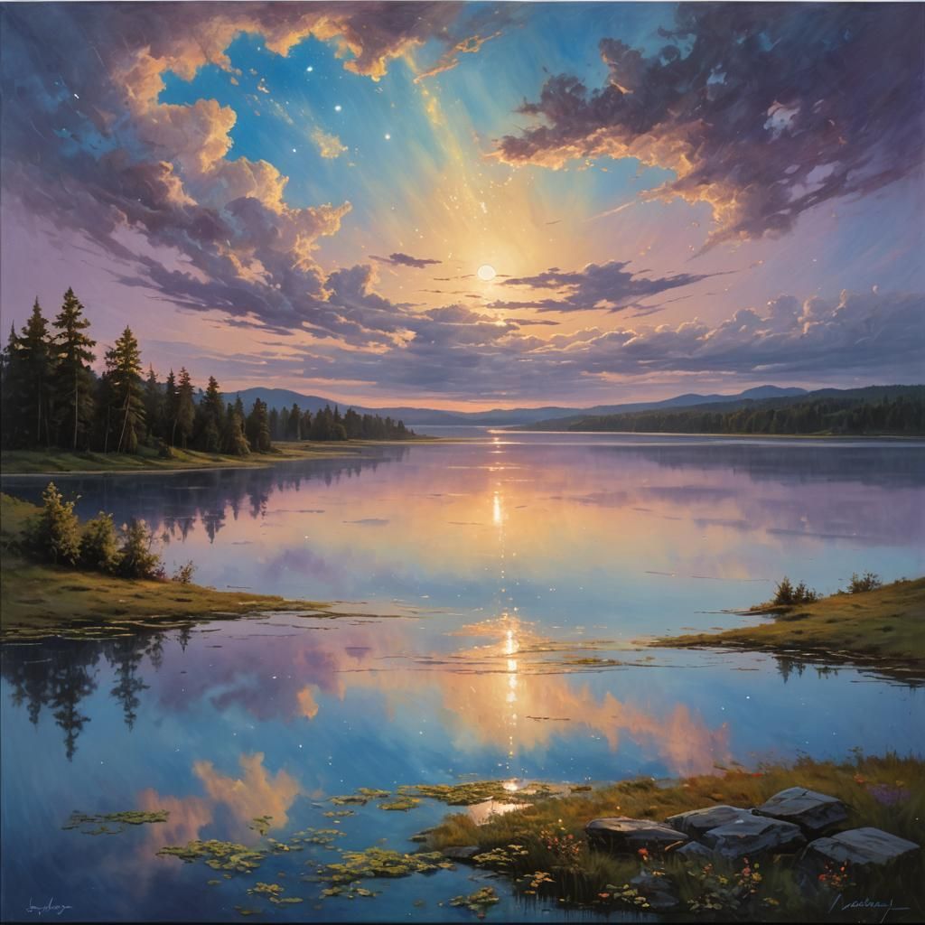 Galactic Sky Reflected in Serene Lake: Oil Painting