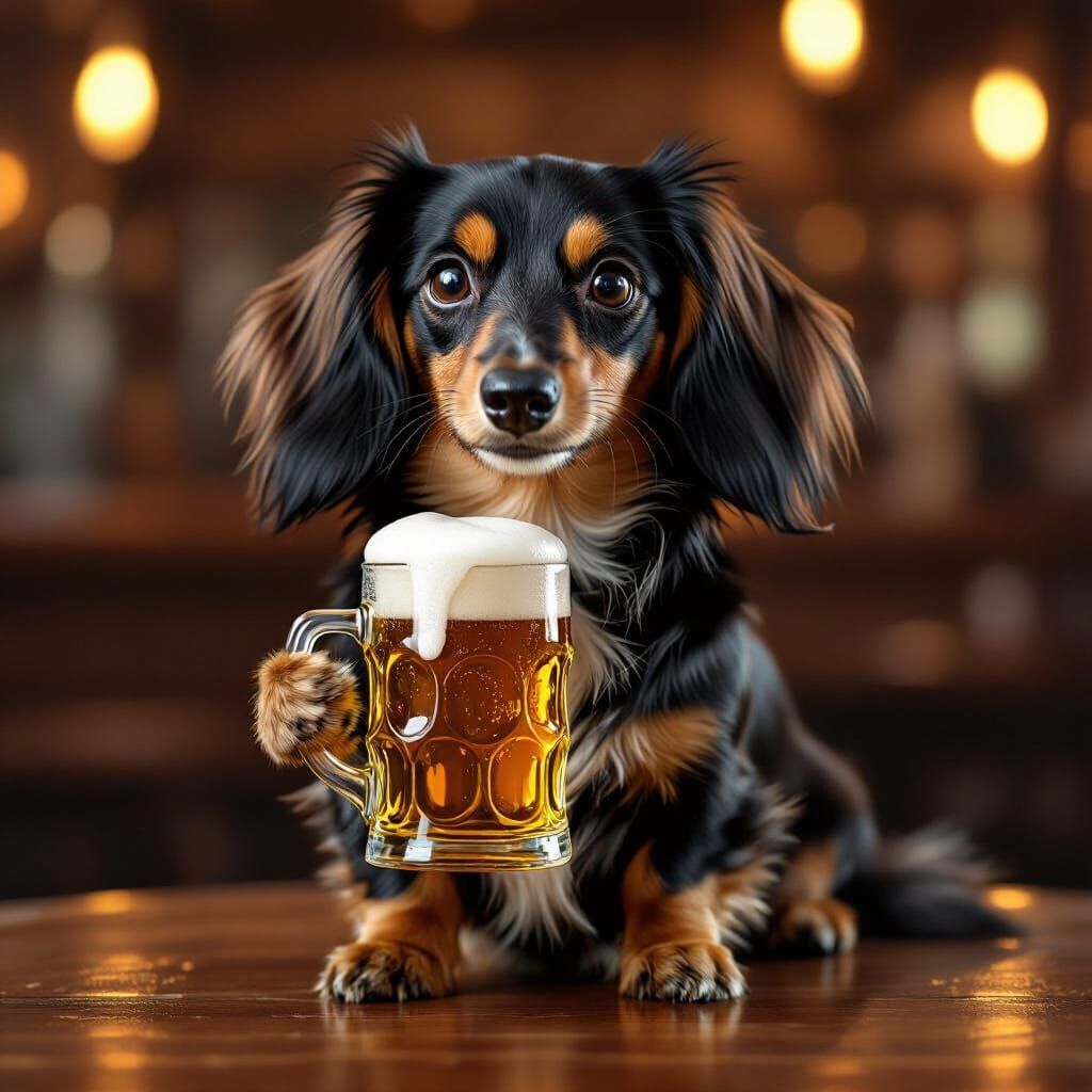 Dachshund Holding Beer in Cozy Pub Illustration
