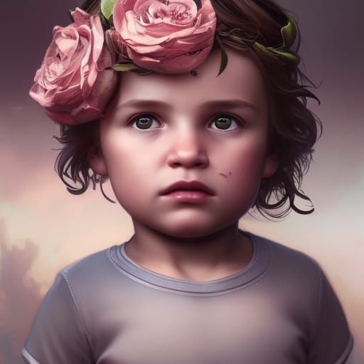 Baby Boy Portrait with Roses, Detailed Digital Art