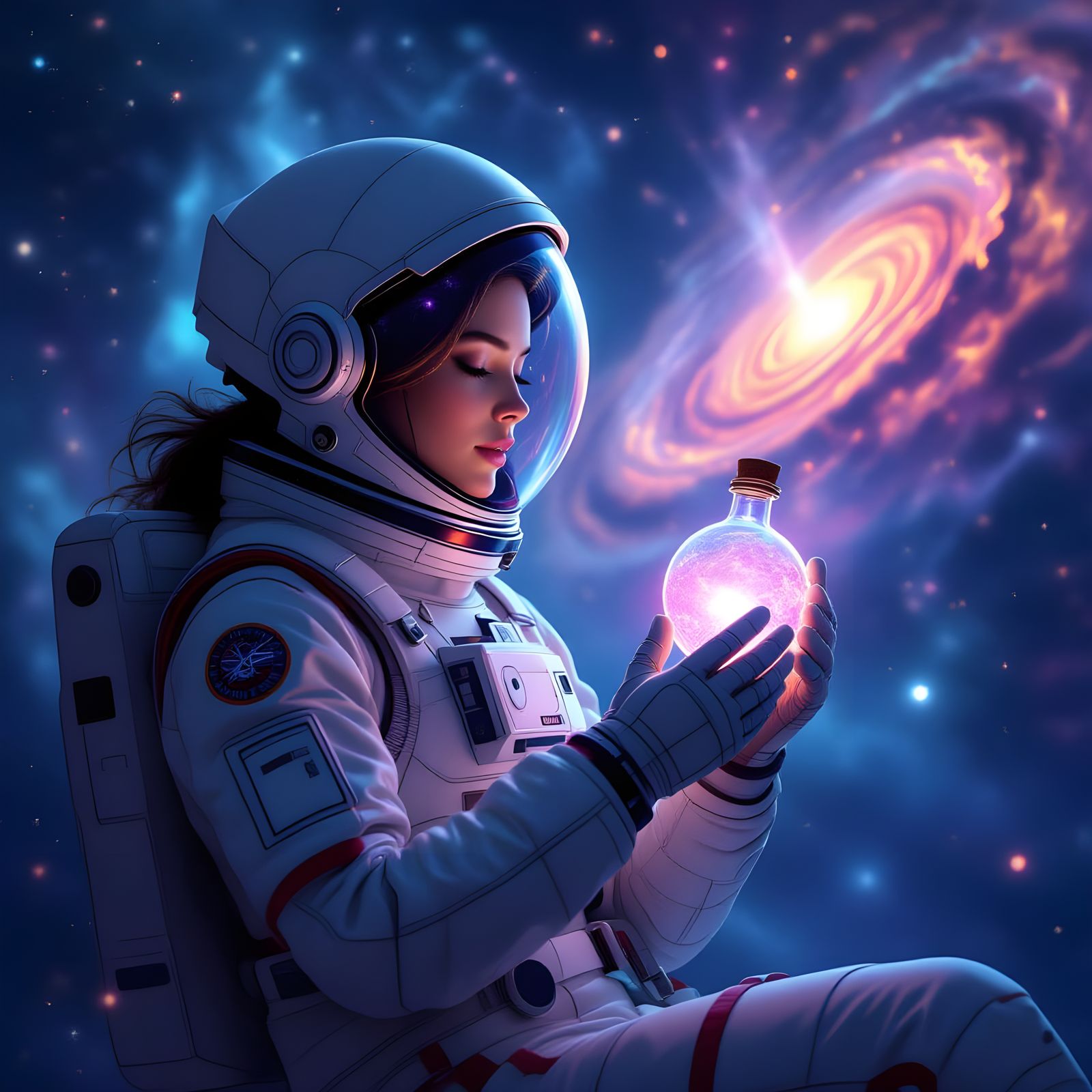 Astronaut Woman in Nebula with Glowing Vial