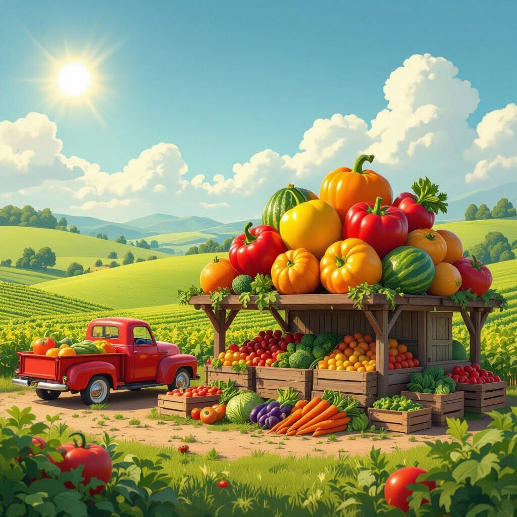Cheerful Cartoon Farmstand with Oversized Produce