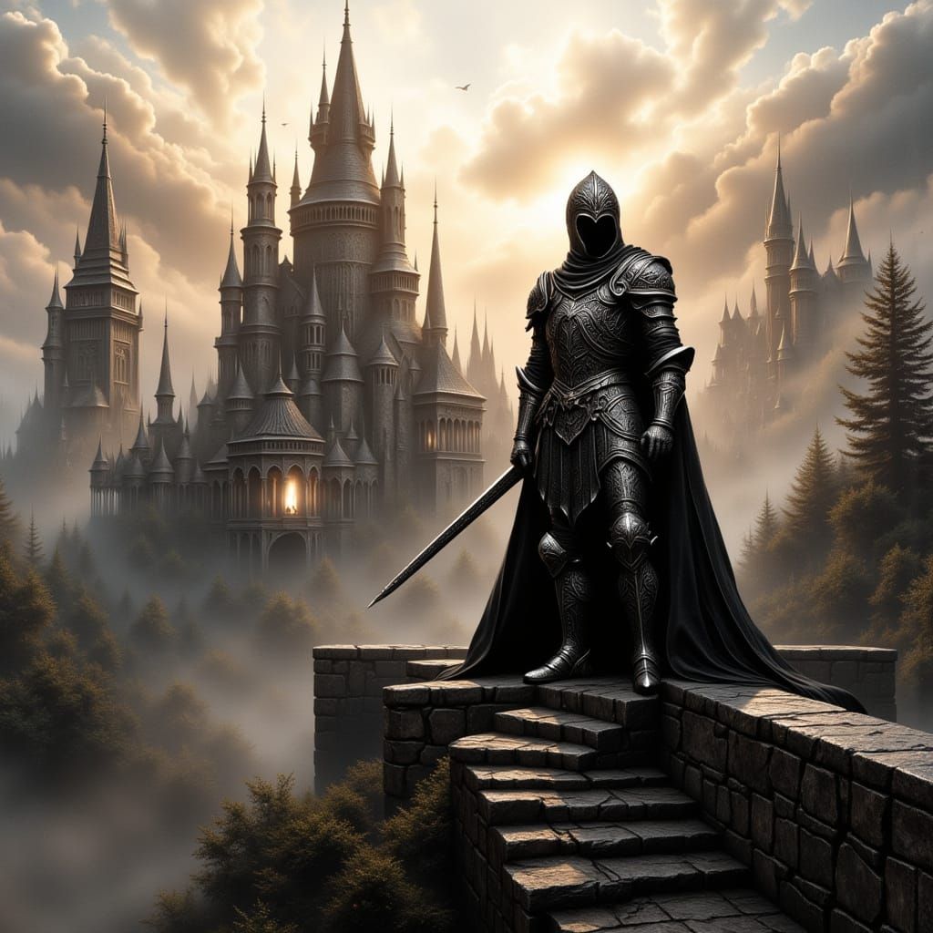 Regal Knight in Dark, Dreamy Castle Scene, with Intricate Ar...