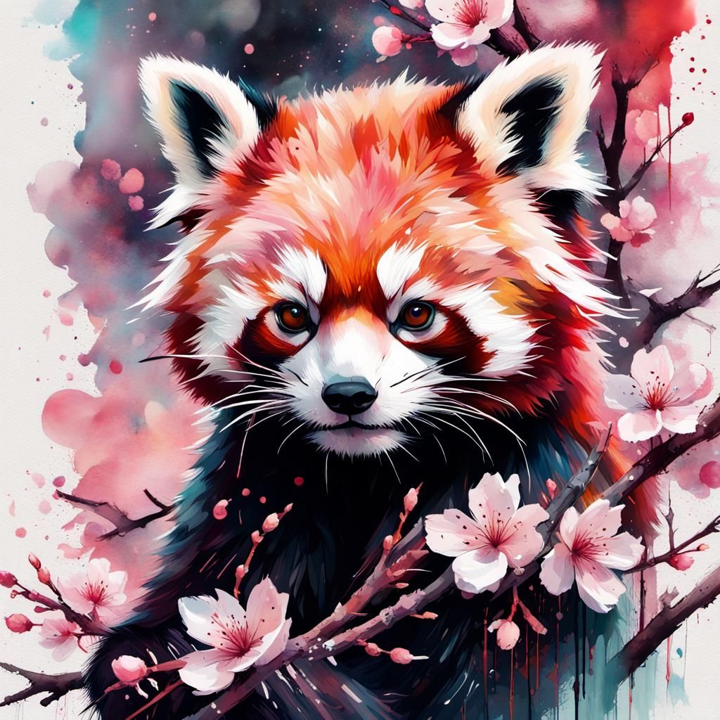 Cherry Blossom Red Panda Hybrid in Watercolor Style
