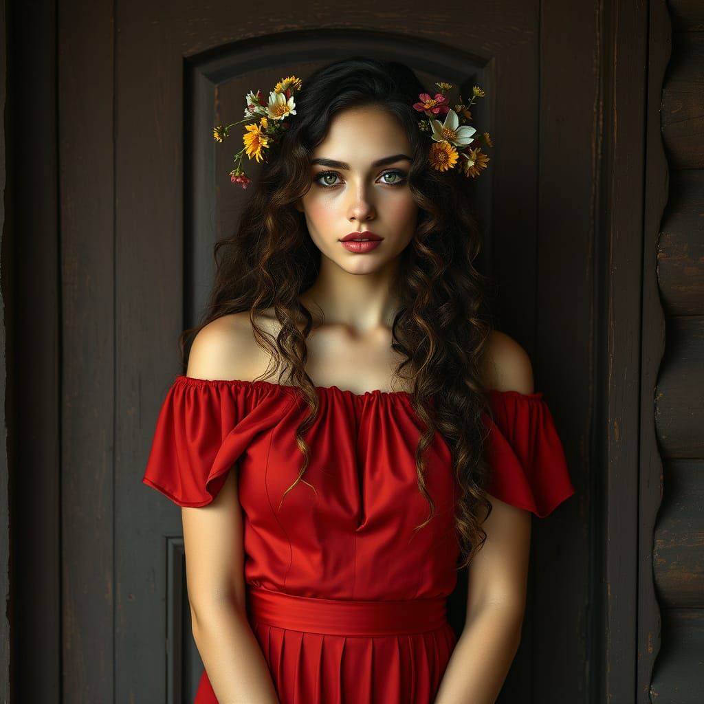 Watercolor painting of a feminine young bohemian woman with matte red lips, long volume intricate curly hair with wildfl...