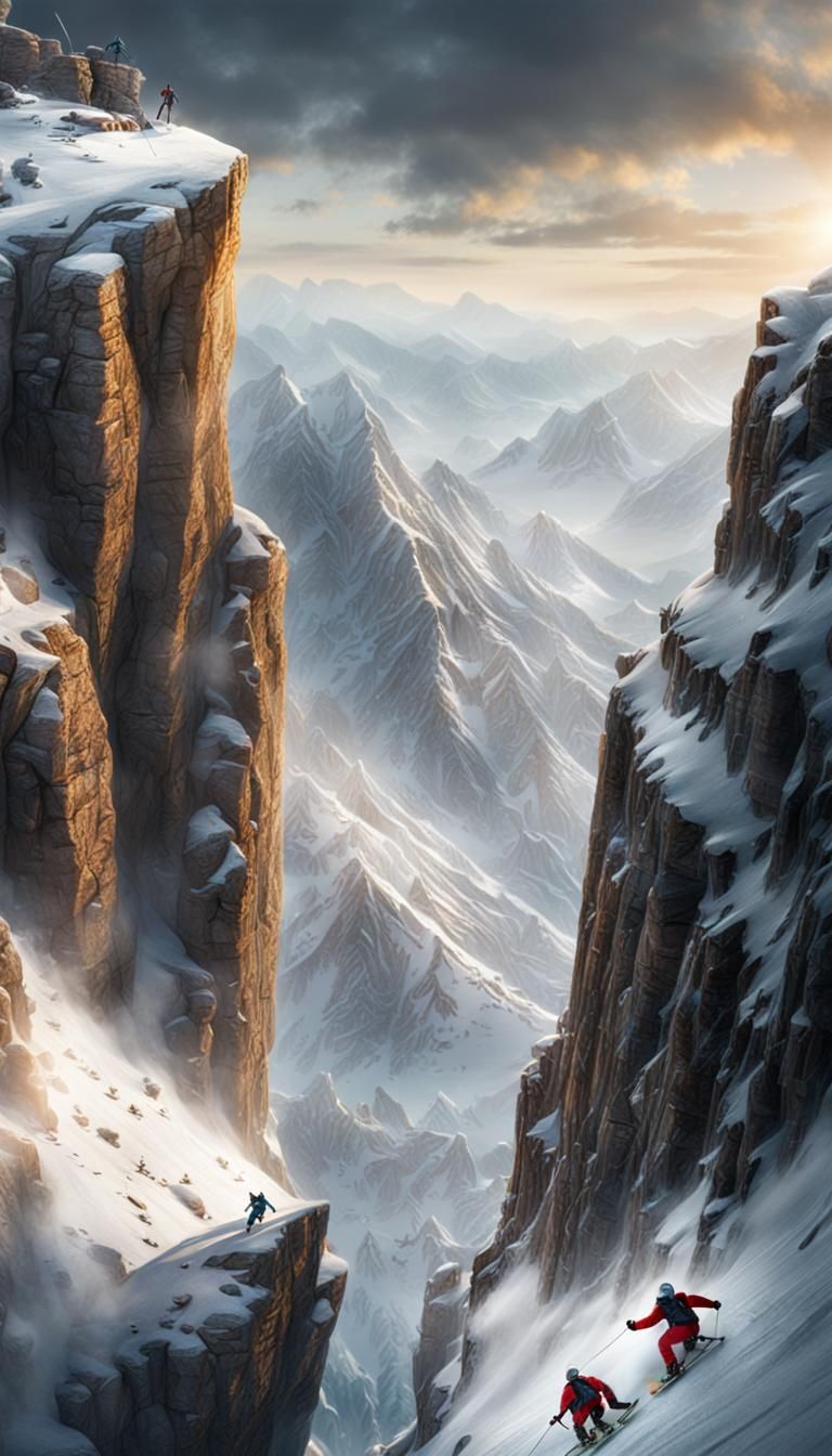 Extreme Cliff Skiing Action in Photorealistic Style