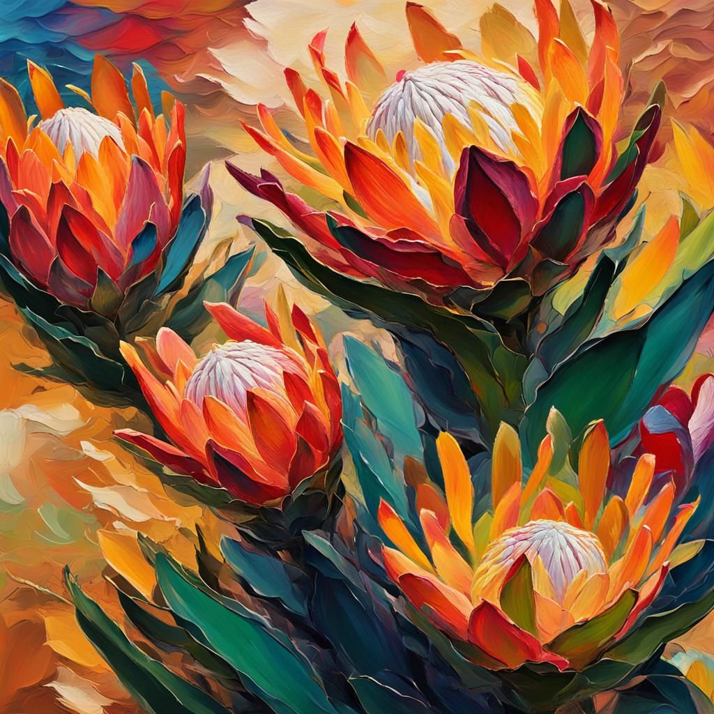 Vibrant Protea Flowers in Abstract Expressionism Style