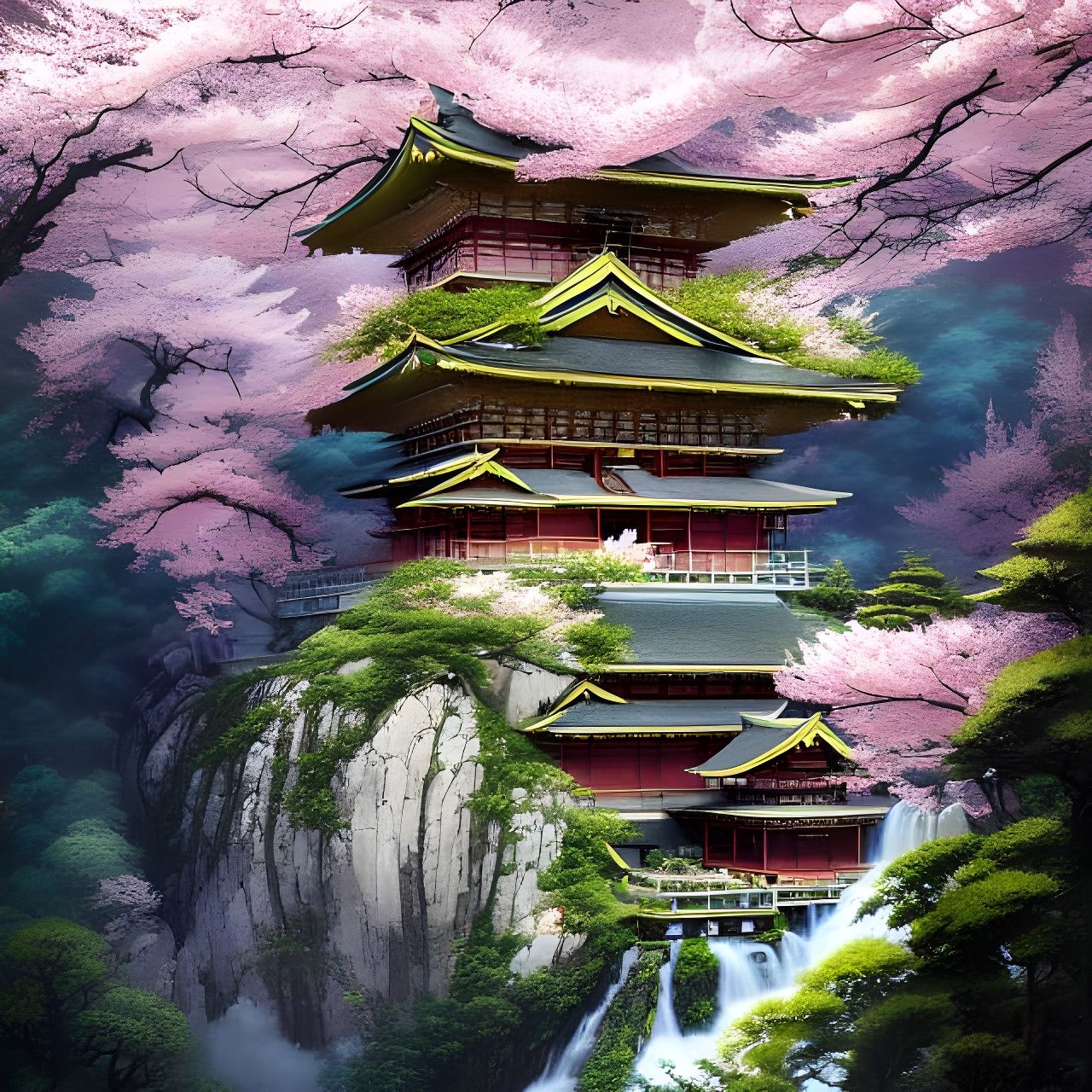 Zen Temple in Sakura Forest, Bird's Eye View