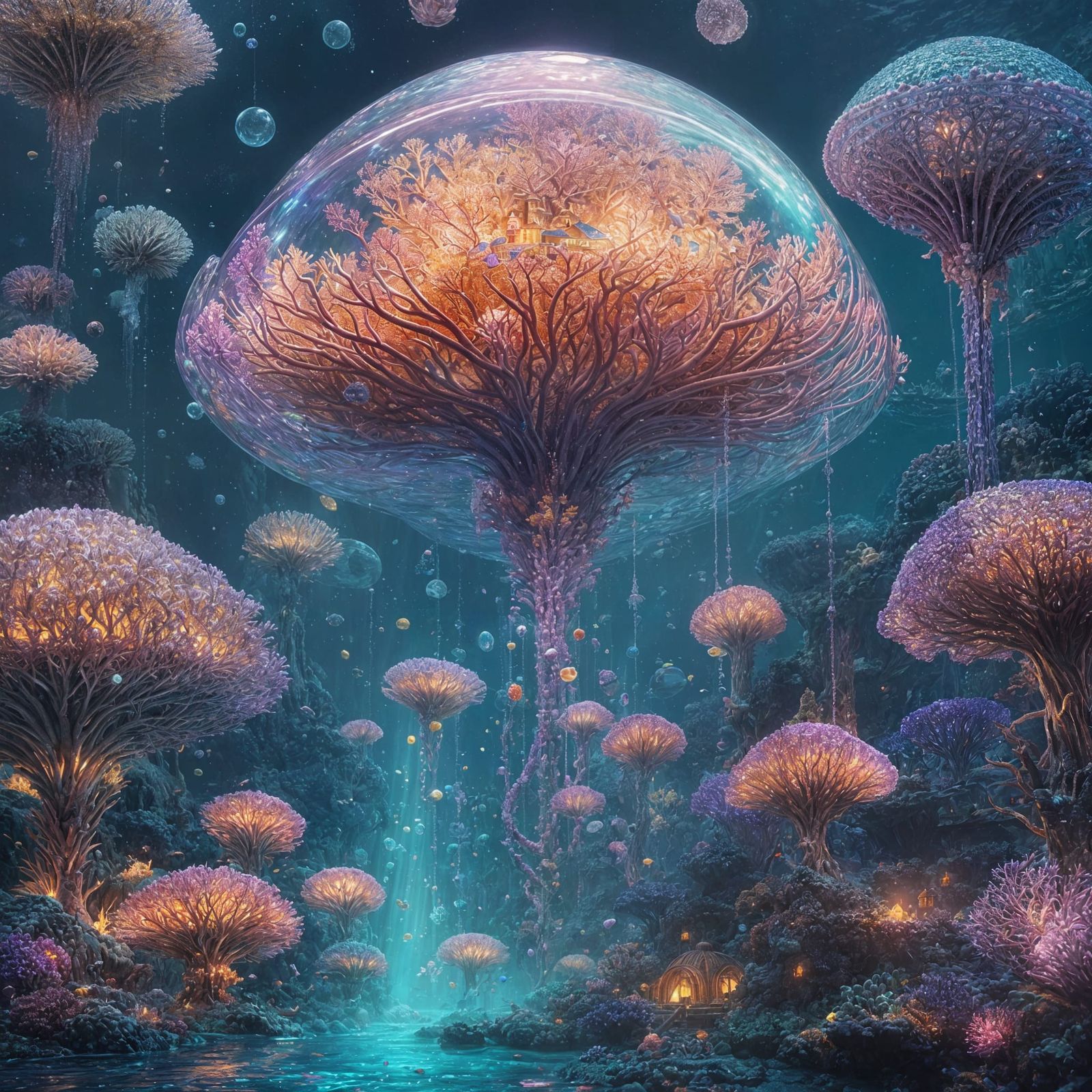 Whimsical Coral City Illuminated by Neon Fish and Gold Curre...