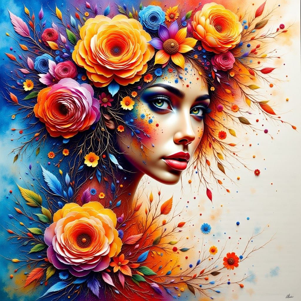Hyperrealistic Floral Watercolor Painting with Impasto Textu...