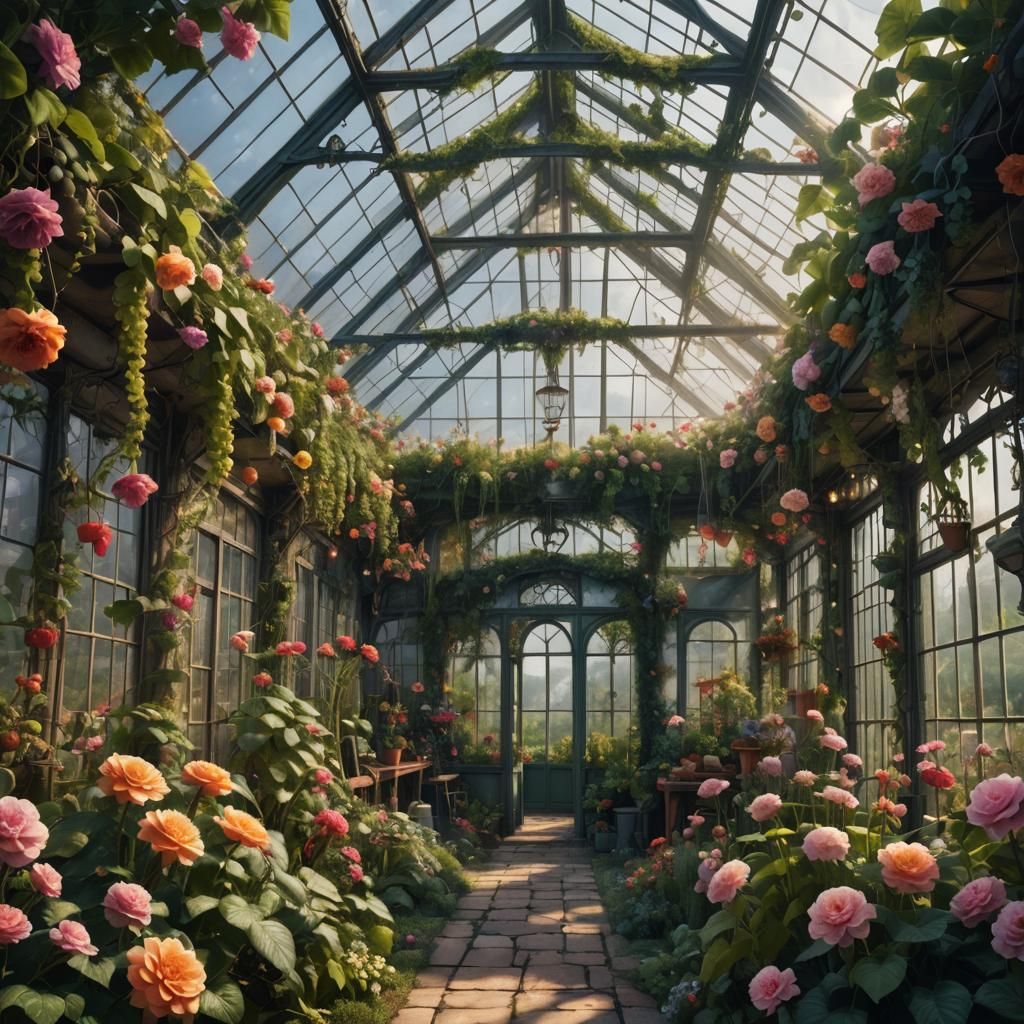 Lush Vines Envelop Greenhouse: Digital Matte Painting