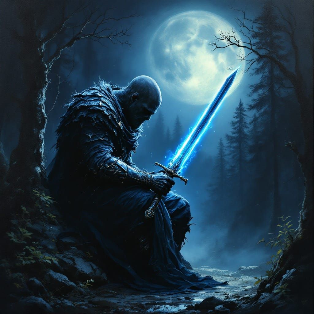Dark Fantasy Warrior Polishes Sword by Moonlight