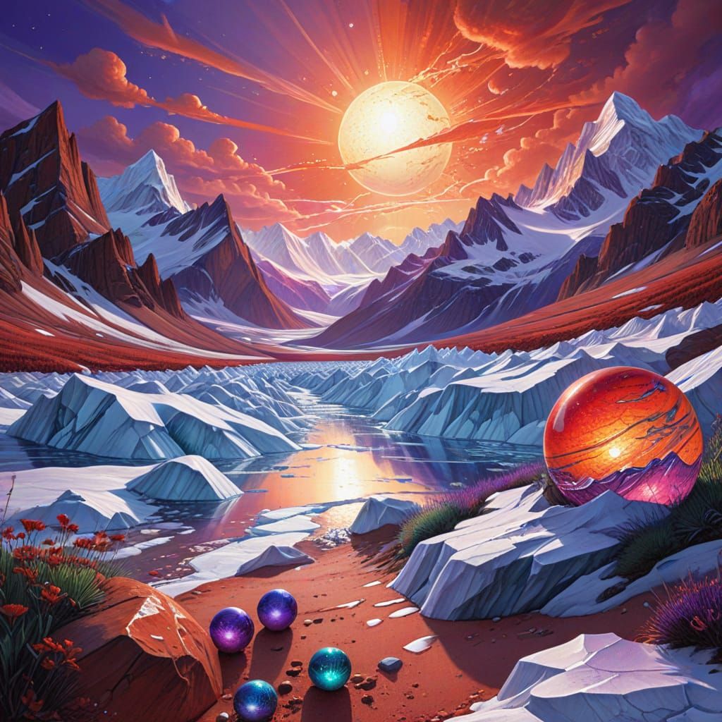 Glowing Spheres on Icy Planet in Textured Pencil Sketch Styl...