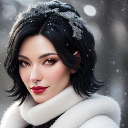 Smirking Woman in Fur Clothing with Snow