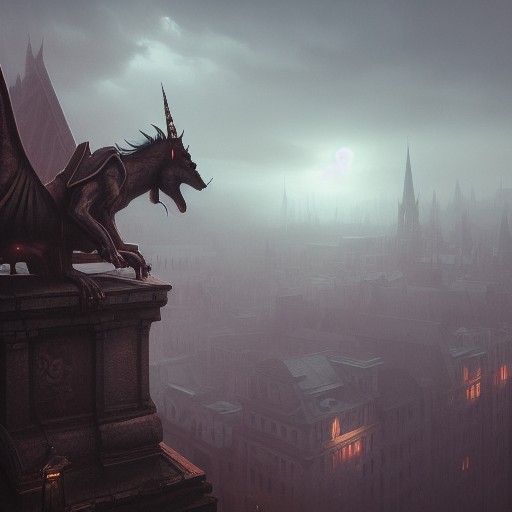 Gargoyle Unicorn on Rooftop: Dark Fantasy Art