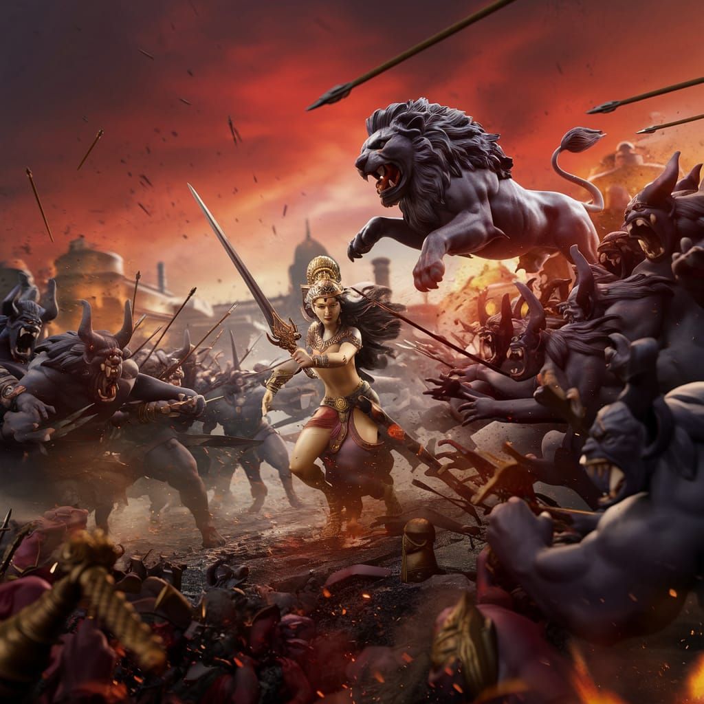 Fantasy Battle Scene under a Bloody Red Sky