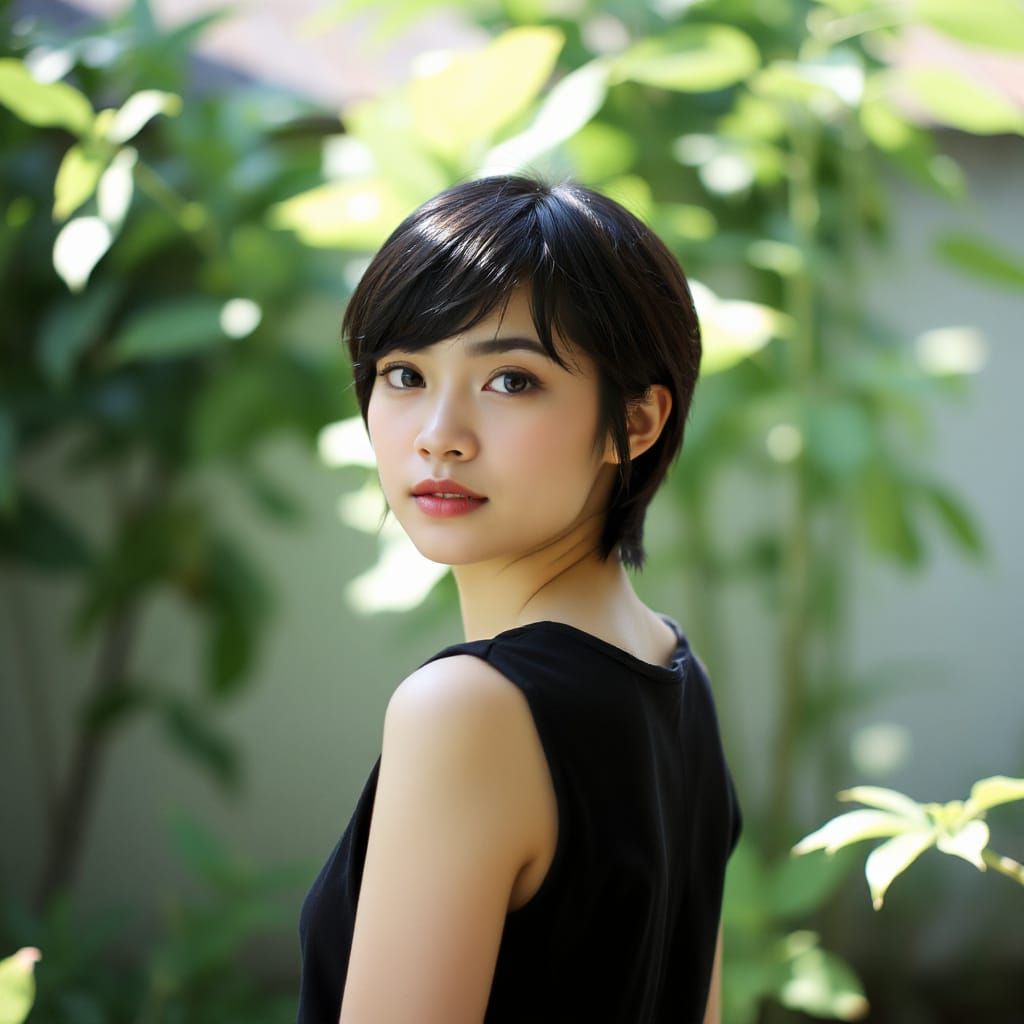 Serene Asian Woman in Garden: Minimalist Photography