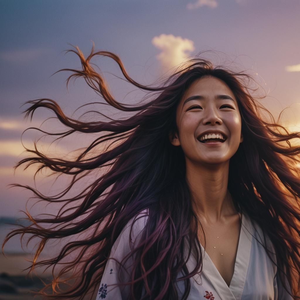 Cinematic Japanese Woman with Wind-Blown Hair