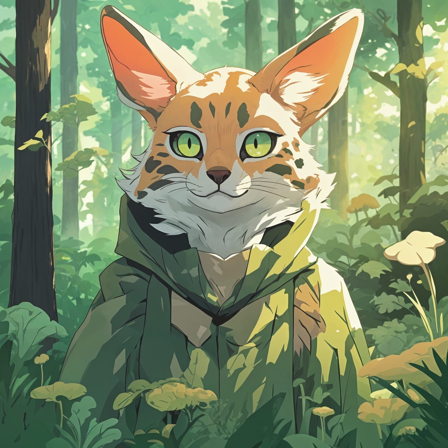 Aged Serval Cat Druid in Mystical Forest, Pastel Colors