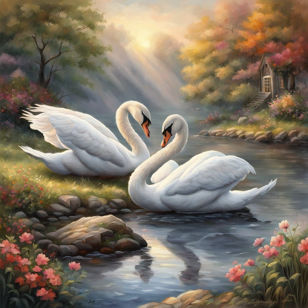oil painting of two swans making a heart shape with their ne...