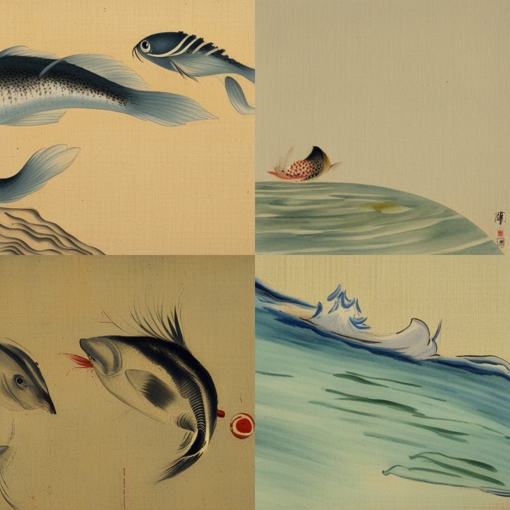 Fish Emerging from Water: Japanese Style Painting