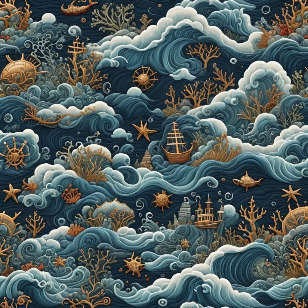 Nautical Embroidery: Ocean Scene in Blue Tones