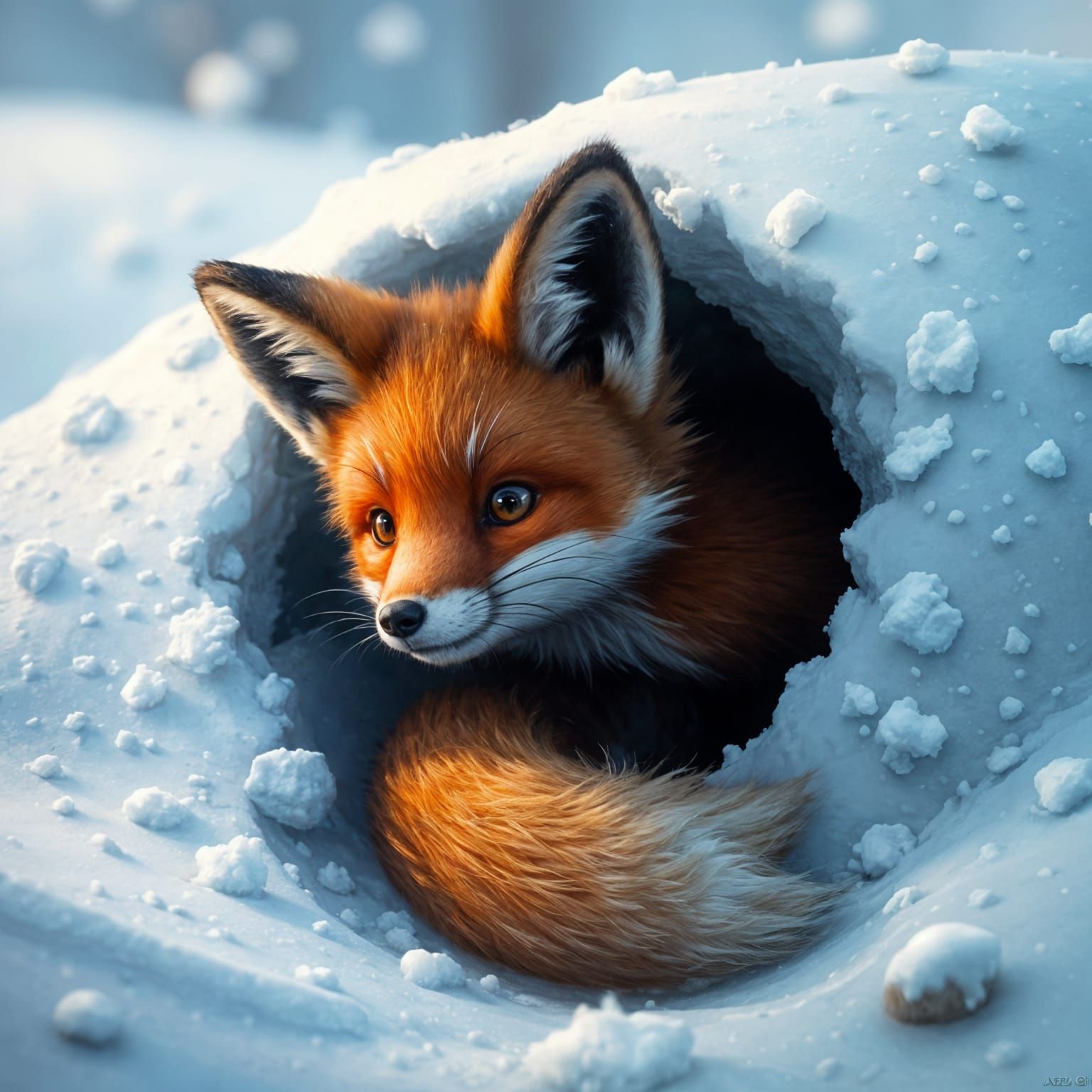 Red Fox Emerges from Snowy Burrow in Whimsical Fantasy Scene