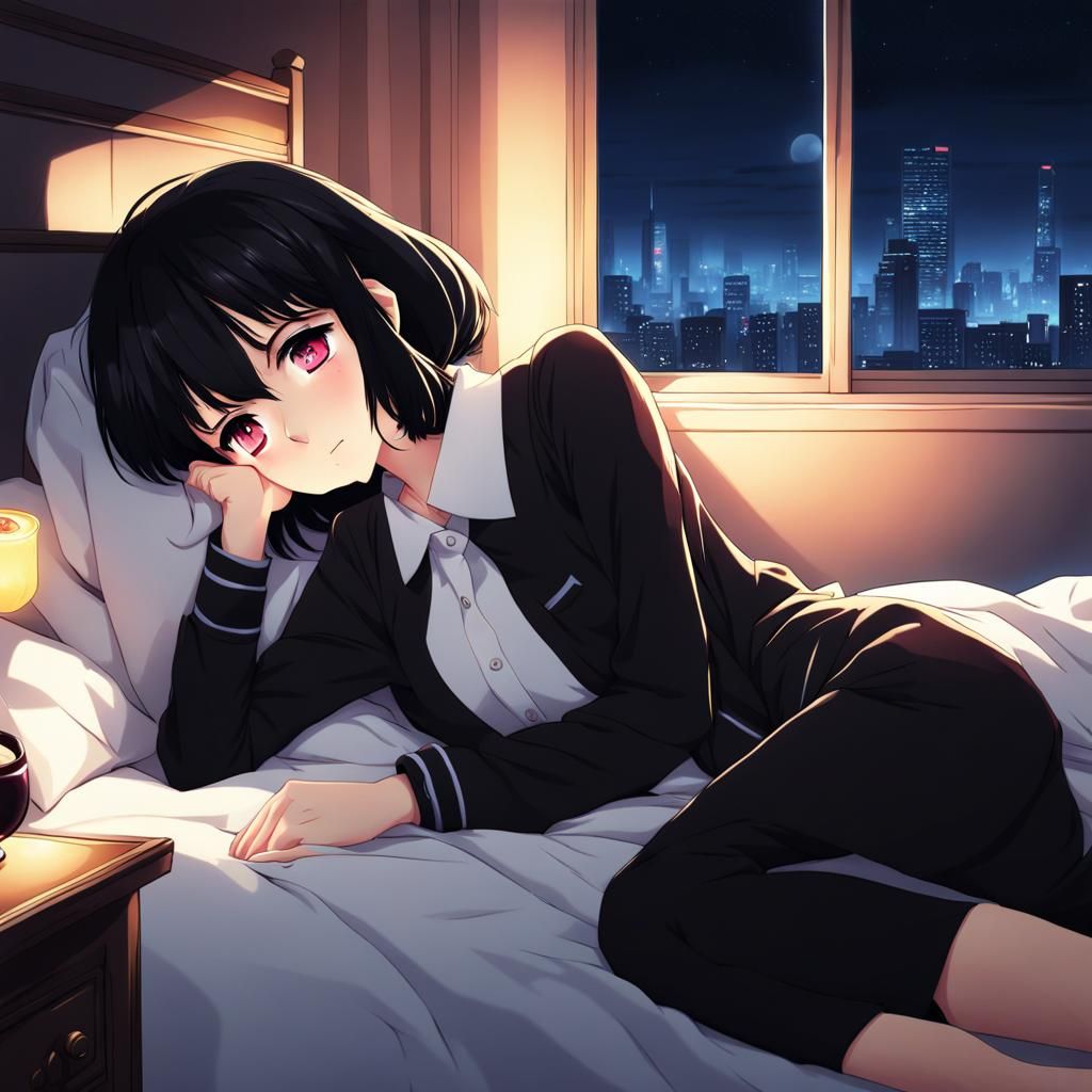 Depressed Anime Girl Laying on Bed at Night