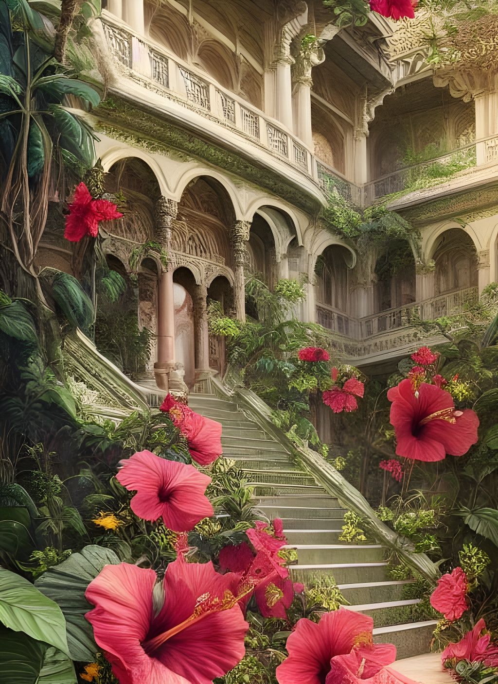 Hyperdetailed Hibiscus Palace with Floating Crystals