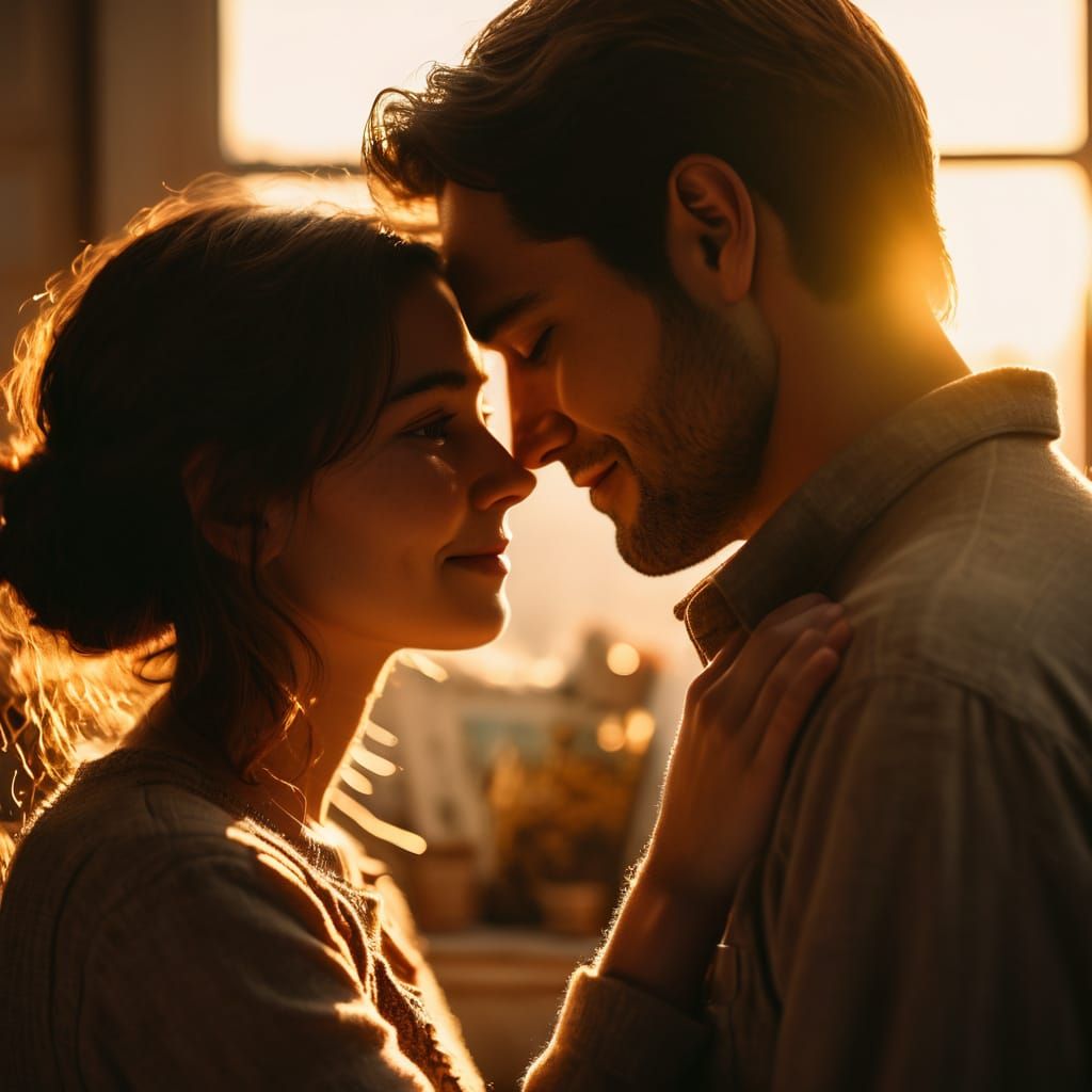 Romantic realism. Medium shot. A loving couple embracing in a warm, golden light, surrounded by old photographs and memo...